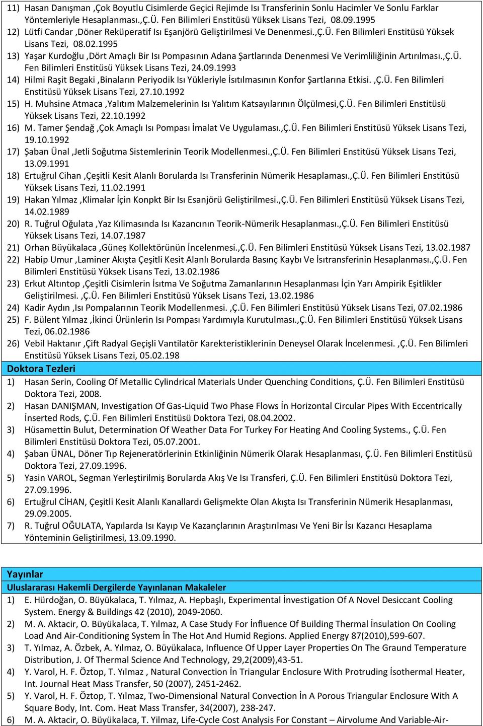 1995 13) Yaşar Kurdoğlu,Dört Amaçlı Bir Isı Pompasının Adana Şartlarında Denenmesi Ve Verimliliğinin Artırılması.,Ç.Ü. Fen Bilimleri Enstitüsü Yüksek Lisans Tezi, 24.09.