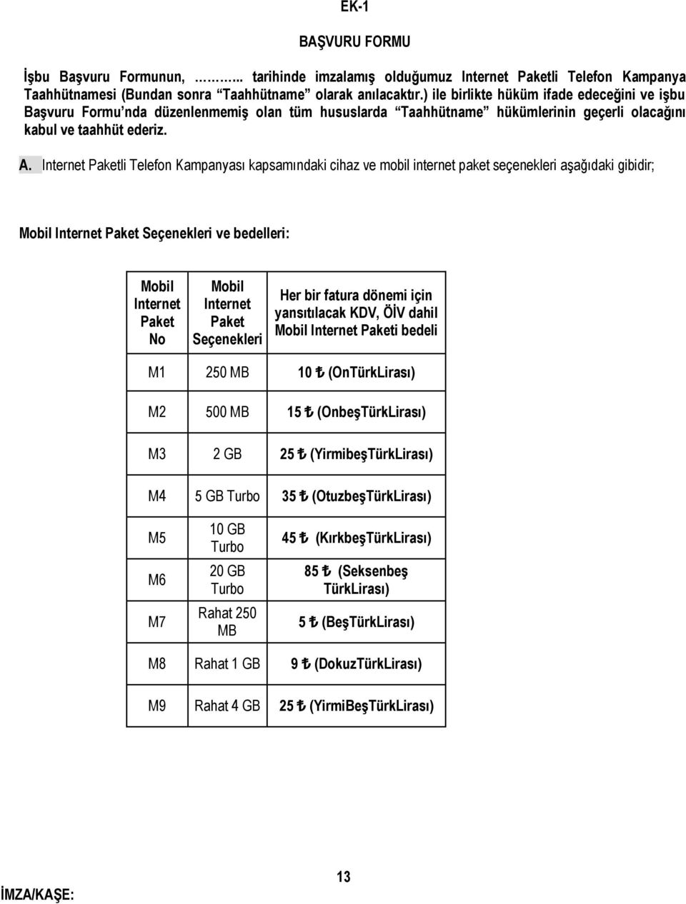 Internet Paketli Telefon Kampanyası kapsamındaki cihaz ve mobil internet paket seçenekleri aşağıdaki gibidir; Mobil Internet Paket Seçenekleri ve bedelleri: Mobil Internet Paket No Mobil Internet