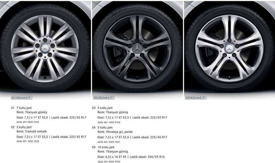 gümüş Ebat: 7,5 J x 17 ET 52,5 Lastik ebadı: 225/45 R17 A246 401 1002 9765 04 5 kollu jant Renk: Himalaya gri, parlak Ebat: 7,5 J x 17 ET 52,5