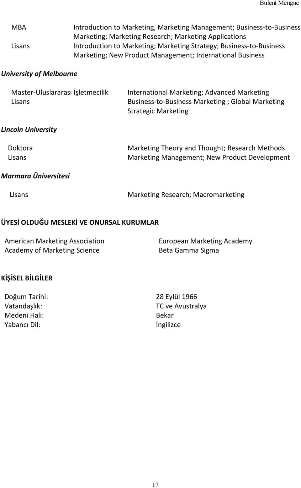Marketing ; Global Marketing Strategic Marketing Lincoln University Doktora Lisans Marketing Theory and Thought; Research Methods Marketing Management; New Product Development Marmara Üniversitesi