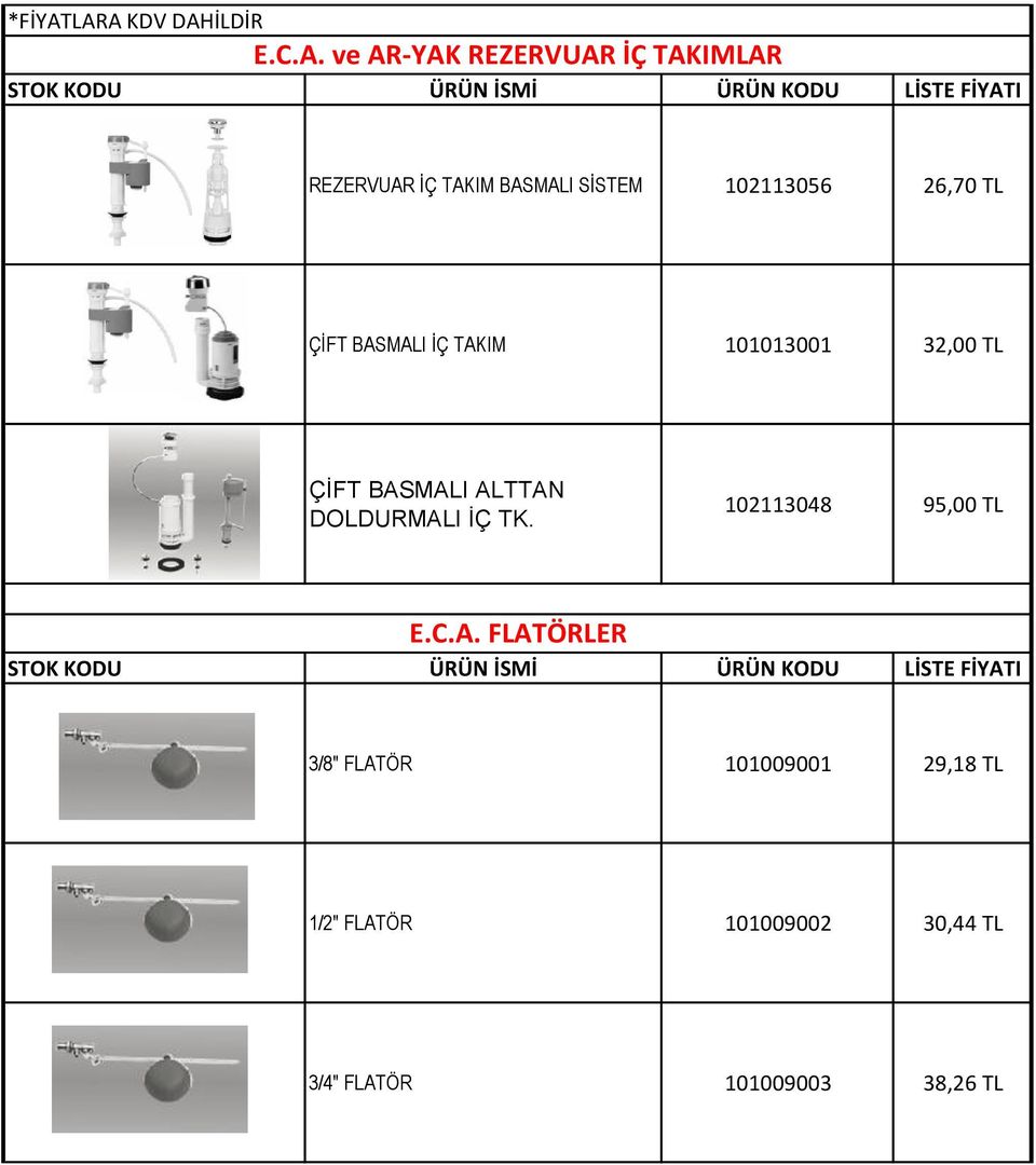 REZERVUAR İÇ TAKIM BASMALI SİSTEM 102113056 26,70 TL ÇİFT BASMALI İÇ TAKIM 101013001 32,00 TL ÇİFT