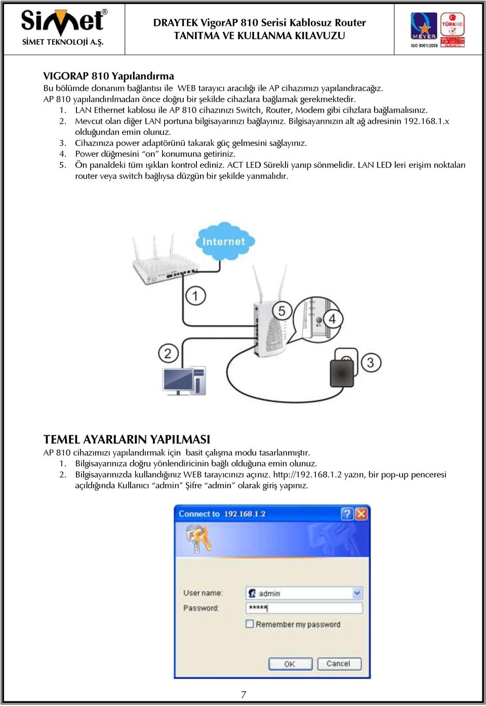 168.1.x olduğundan emin olunuz. 3. Cihazınıza power adaptörünü takarak güç gelmesini sağlayınız. 4. Power düğmesini on konumuna getiriniz. 5. Ön panaldeki tüm ışıkları kontrol ediniz.