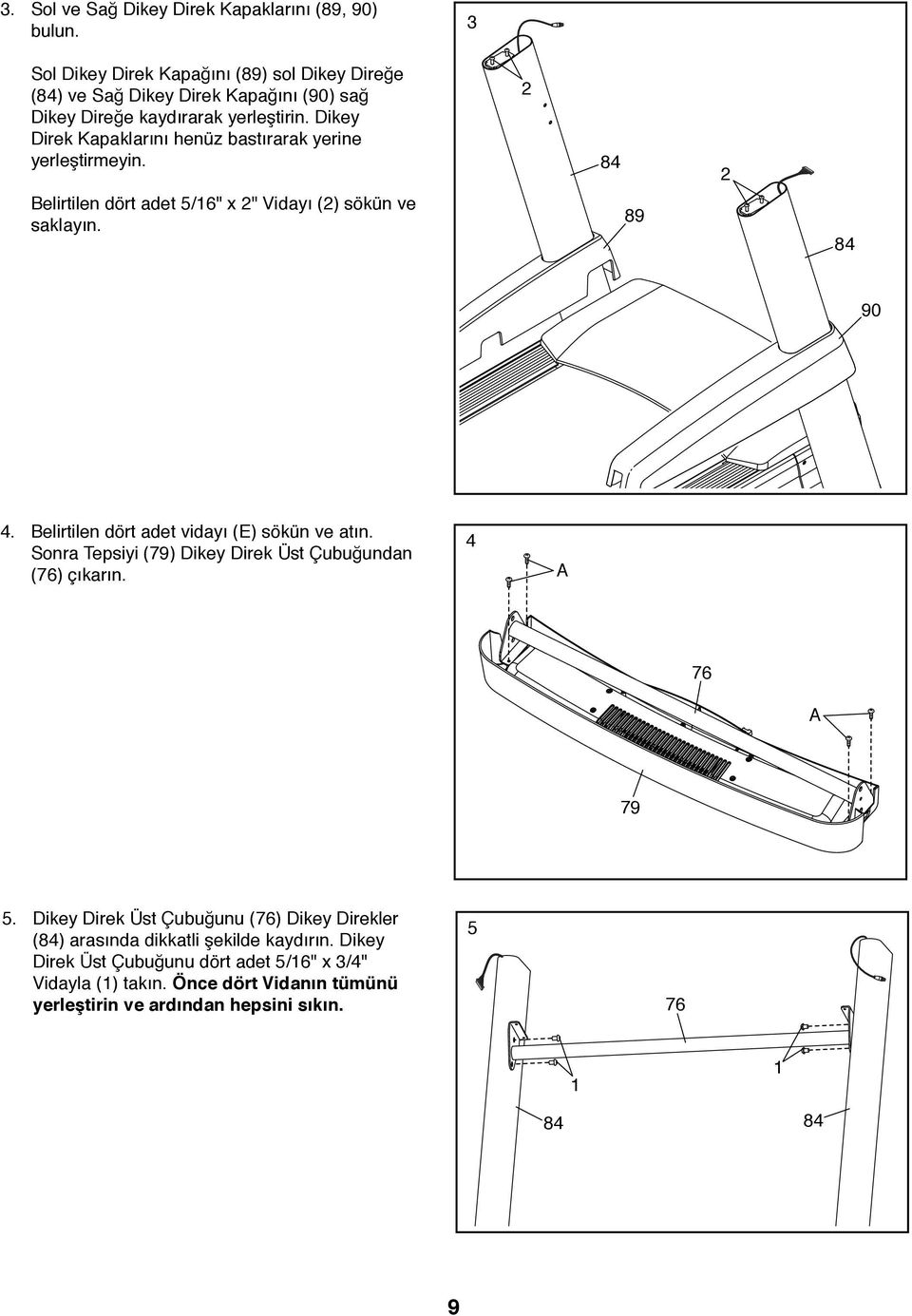 Dikey Direk Kapaklarını henüz bastırarak yerine yerleştirmeyin. 2 84 2 Belirtilen dört adet /16" x 2" Vidayı (2) sökün ve saklayın. 89 84 90 4.