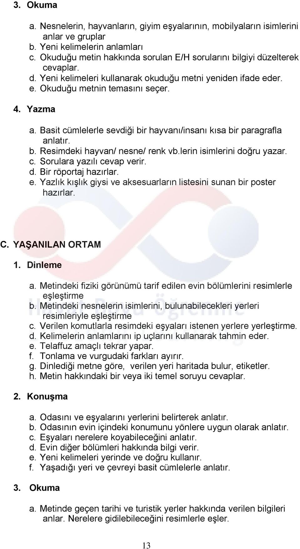 Basit cümlelerle sevdiği bir hayvanı/insanı kısa bir paragrafla anlatır. b. Resimdeki hayvan/ nesne/ renk vb.lerin isimlerini doğru yazar. c. Sorulara yazılı cevap verir. d. Bir röportaj hazırlar. e.