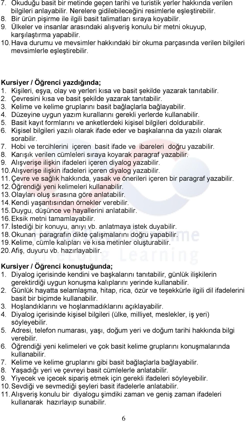 Hava durumu ve mevsimler hakkındaki bir okuma parçasında verilen bilgileri mevsimlerle eşleştirebilir. Kursiyer / Öğrenci yazdığında; 1.