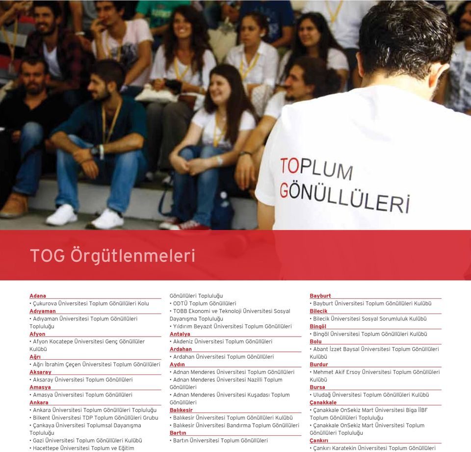 Bilkent Üniversitesi TDP Toplum Gönüllüleri Grubu Çankaya Üniversitesi Toplumsal Dayanışma Topluluğu Gazi Üniversitesi Toplum Gönüllüleri Kulübü Hacettepe Üniversitesi Toplum ve Eğitim Gönüllüleri