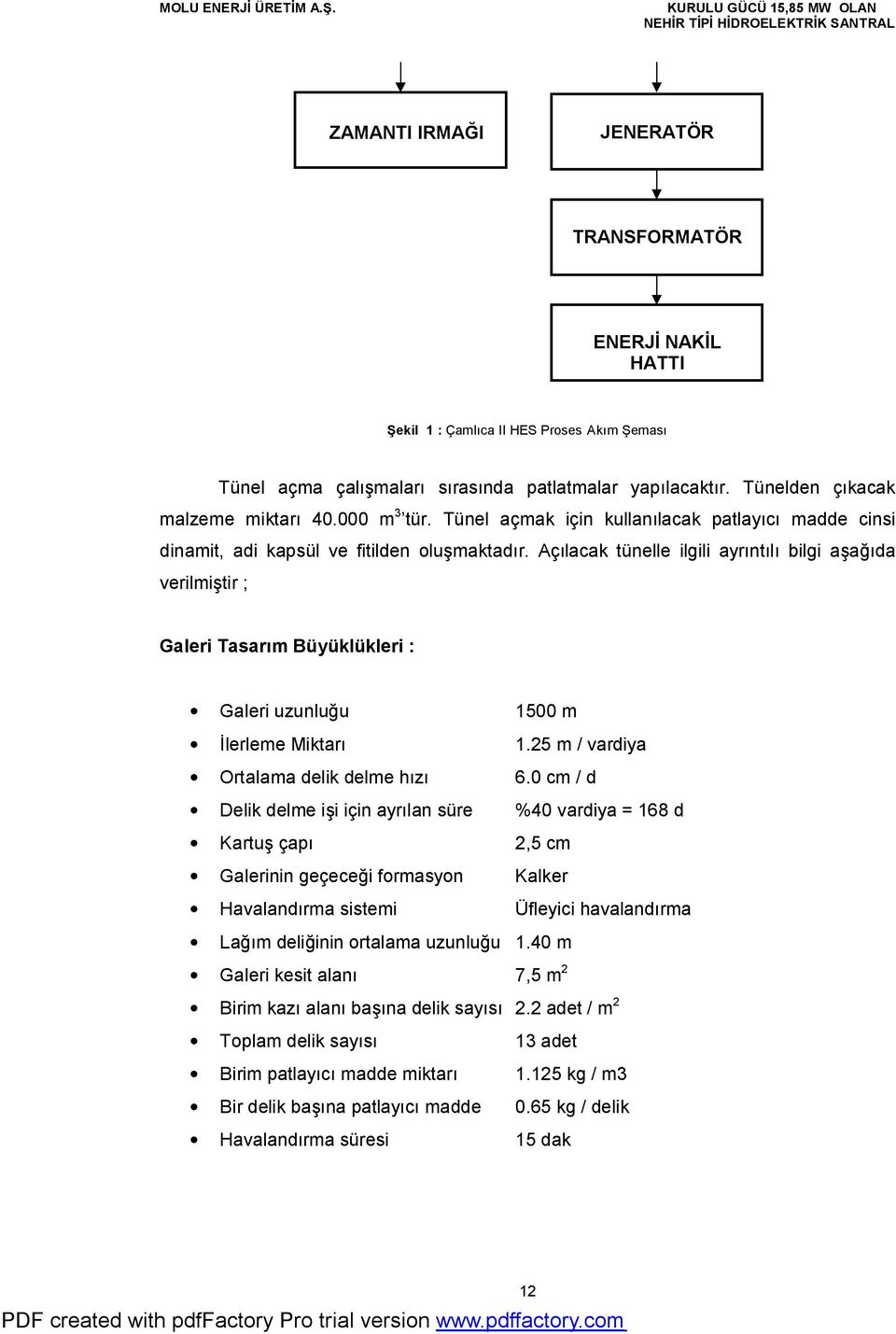 Açılacak tünelle ilgili ayrıntılı bilgi aşağıda verilmiştir ; Galeri Tasarım Büyüklükleri : Galeri uzunluğu 1500 m İlerleme Miktarı 1.25 m / vardiya Ortalama delik delme hızı 6.