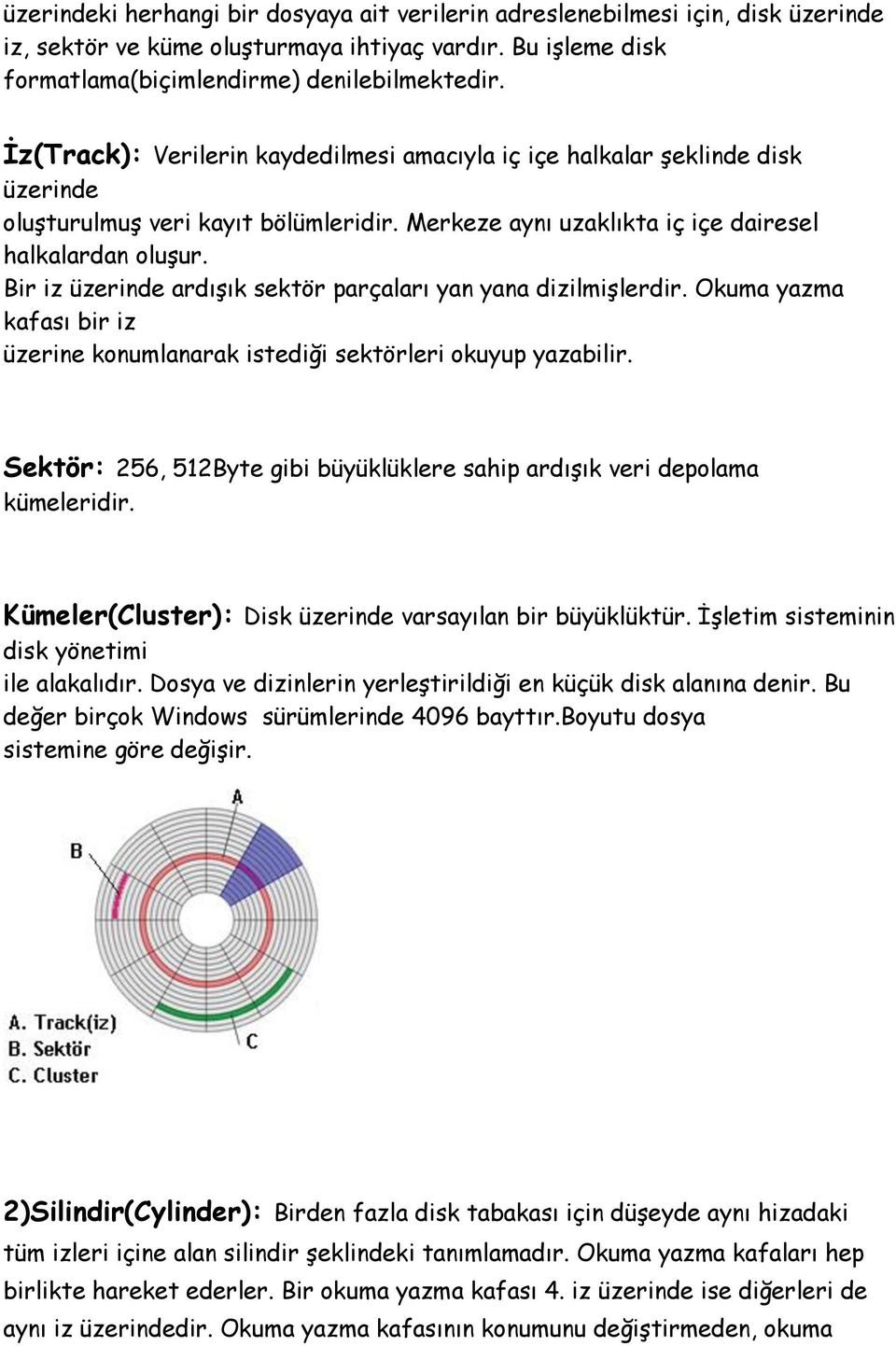 Bir iz üzerinde ardışık sektör parçaları yan yana dizilmişlerdir. Okuma yazma kafası bir iz üzerine konumlanarak istediği sektörleri okuyup yazabilir.