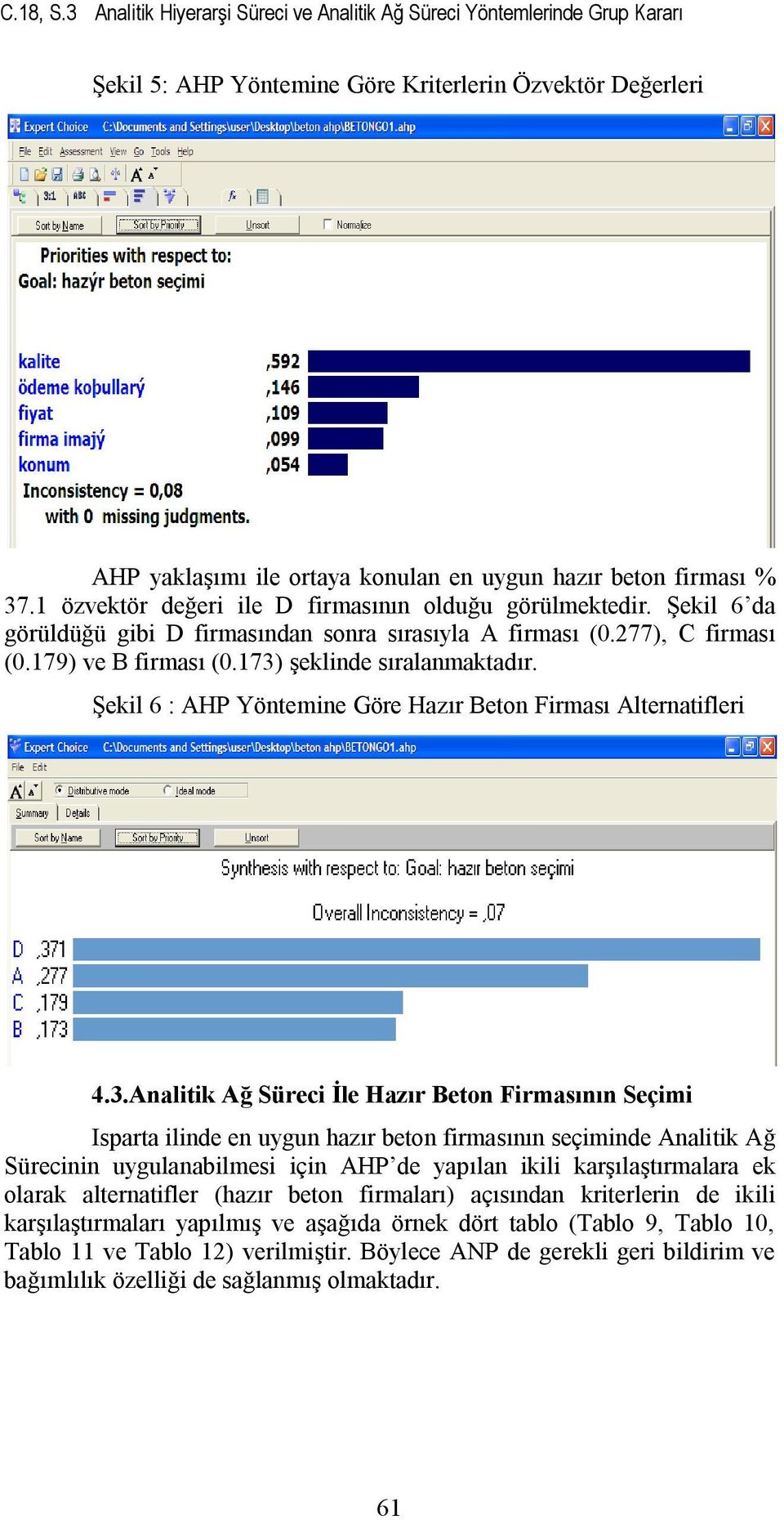 37.1 özvektör değeri ile D firmasının olduğu görülmektedir. Şekil 6 da görüldüğü gibi D firmasından sonra sırasıyla A firması (0.277), C firması (0.179) ve B firması (0.173) şeklinde sıralanmaktadır.