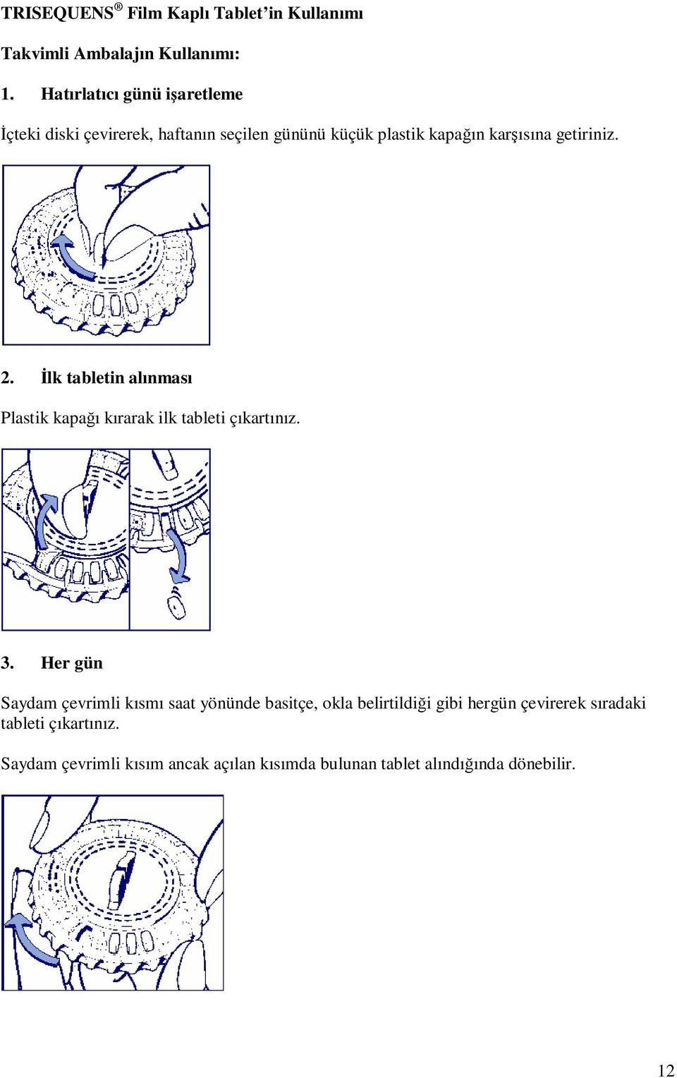 2. İlk tabletin alınması Plastik kapağı kırarak ilk tableti çıkartınız. 3.