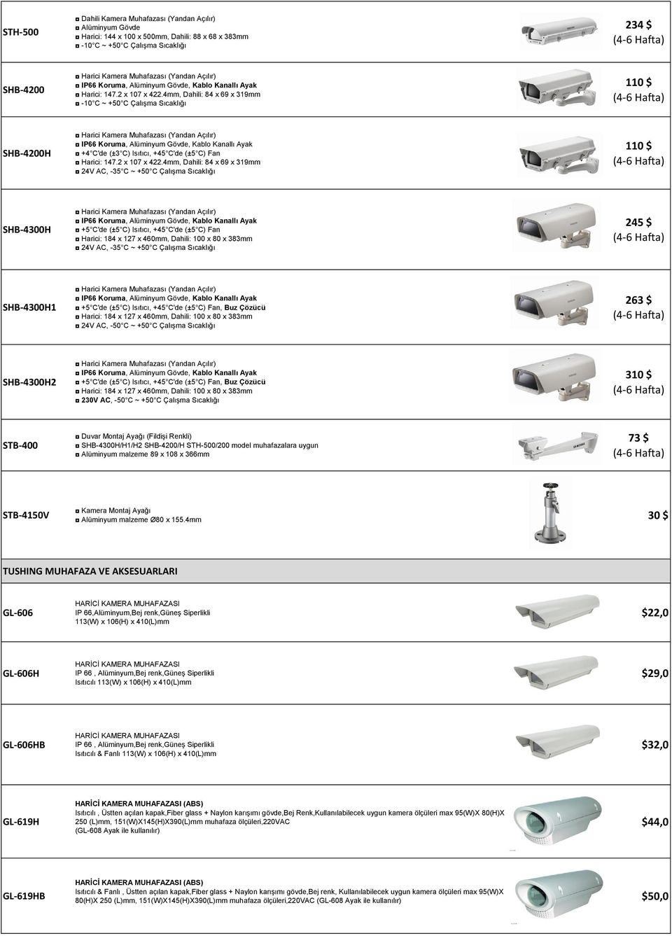 4mm, Dahili: 84 x 69 x 319mm -10 C ~ +50 C Çalışma Sıcaklığı 110 $ SHB-4200H Harici Kamera Muhafazası (Yandan Açılır) IP66 Koruma, Alüminyum Gövde, Kablo Kanallı Ayak +4 C'de (±3 C) Isıtıcı, +45 C'de