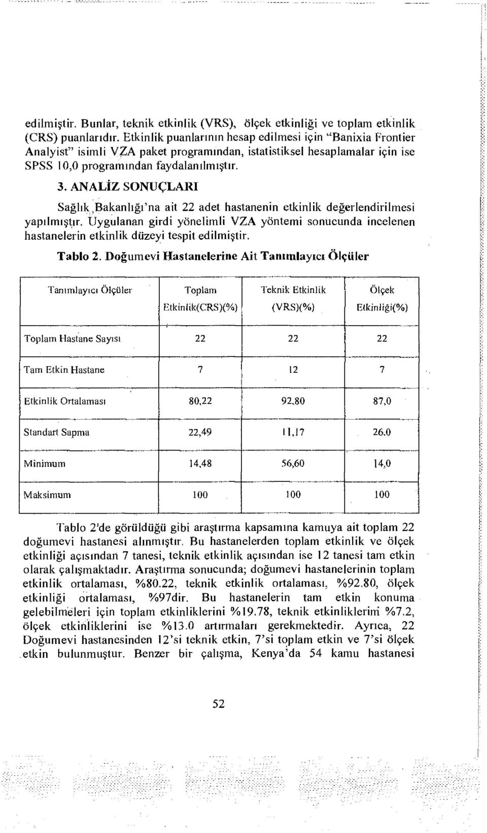 ANALİZ SONUÇLARI Sağlık,Bakanlığı'na ait 22 adet hastanenin etkinlik değerlendirilmesi yapılmıştır.