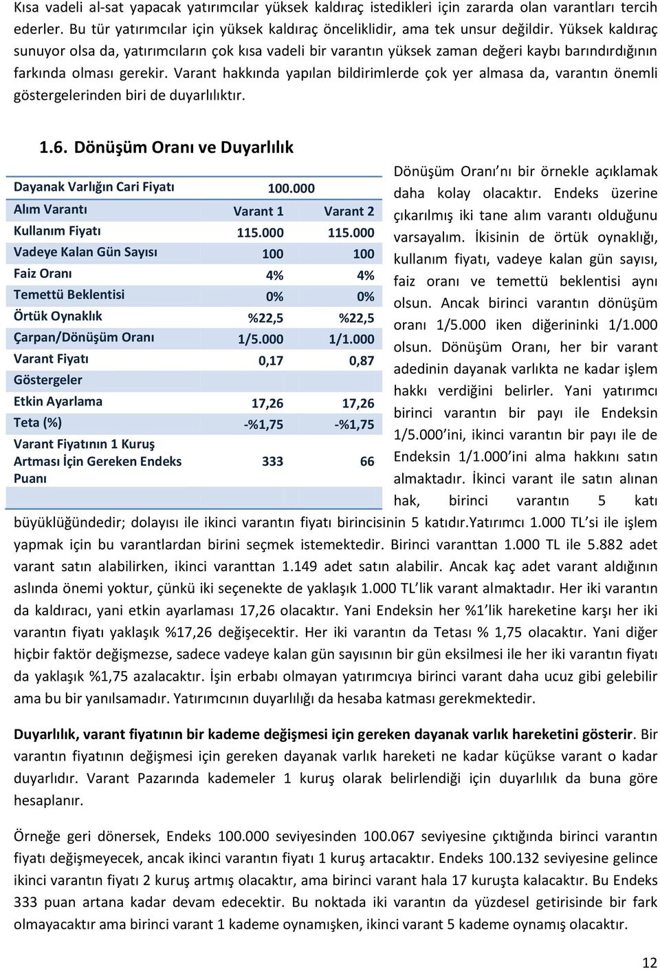 Varant hakkında yapılan bildirimlerde çok yer almasa da, varantın önemli göstergelerinden biri de duyarlılıktır. 1.6. Dönüşüm Oranı ve Duyarlılık Dayanak Varlığın Cari Fiyatı 100.