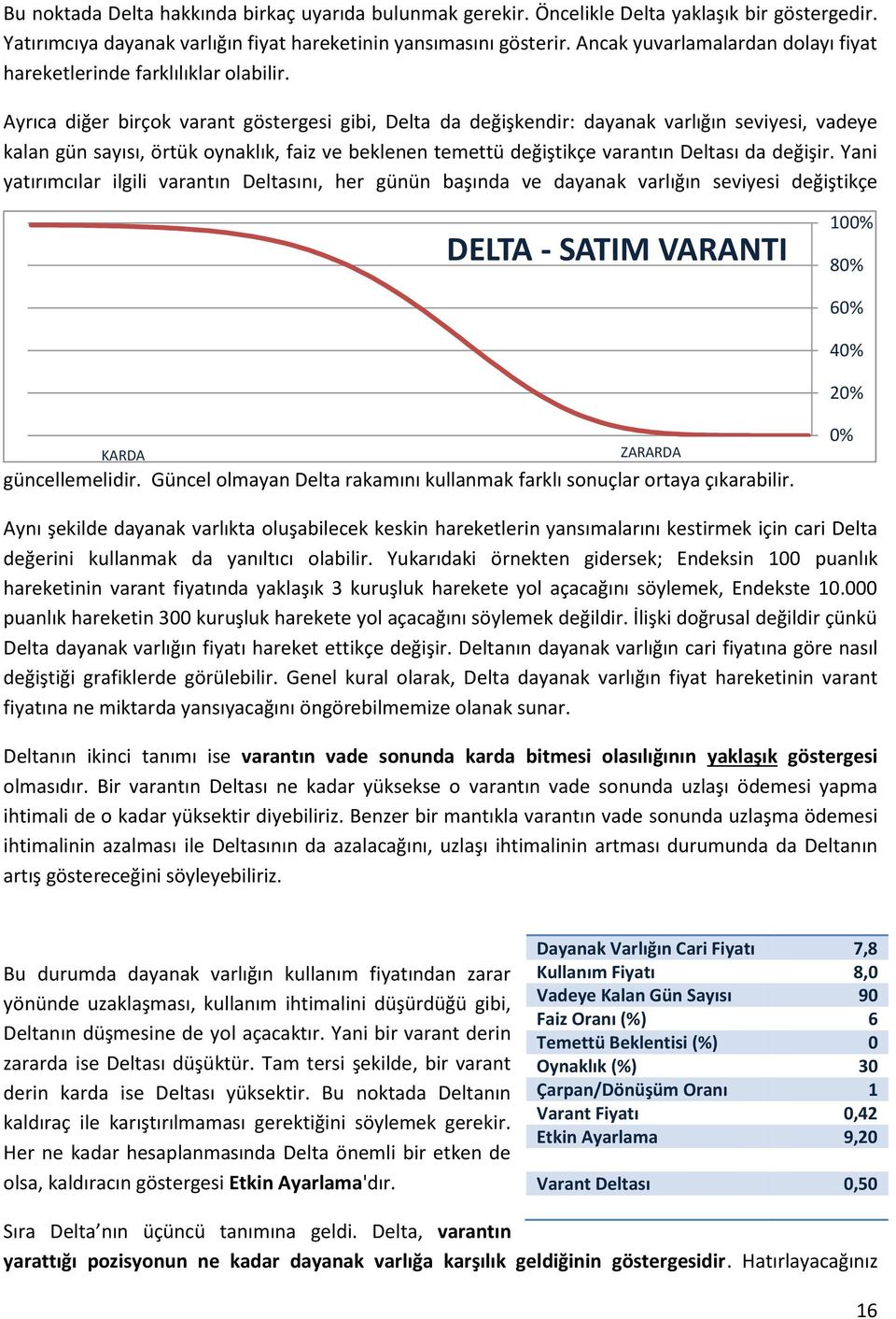 Ayrıca diğer birçok varant göstergesi gibi, Delta da değişkendir: dayanak varlığın seviyesi, vadeye kalan gün sayısı, örtük oynaklık, faiz ve beklenen temettü değiştikçe varantın Deltası da değişir.