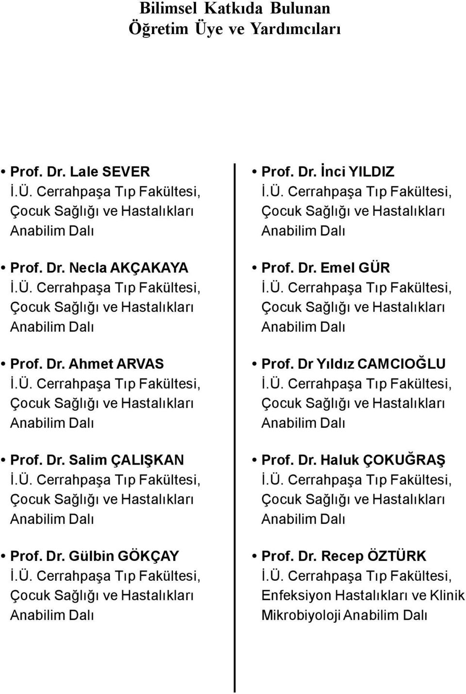 Ü. Cerrahpaşa Tıp Fakültesi, Çocuk Sağlığı ve Hastalıkları Anabilim Dalı Prof. Dr. İnci YILDIZ İ.Ü. Cerrahpaşa Tıp Fakültesi, Çocuk Sağlığı ve Hastalıkları Anabilim Dalı Prof. Dr. Emel GÜR İ.Ü. Cerrahpaşa Tıp Fakültesi, Çocuk Sağlığı ve Hastalıkları Anabilim Dalı Prof. Dr Yıldız CAMCIOĞLU İ.