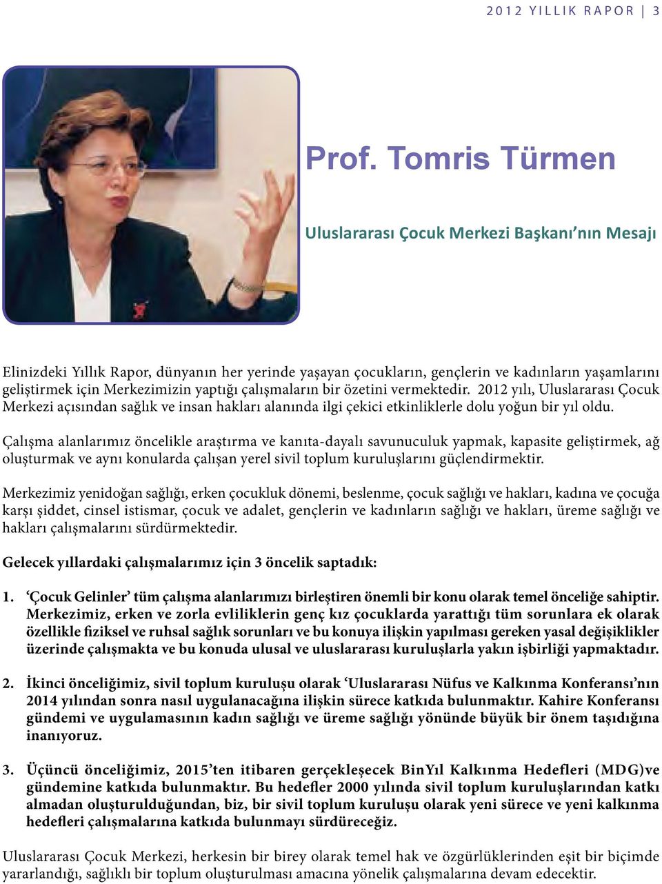 çalışmaların bir özetini vermektedir. 2012 yılı, Uluslararası Çocuk Merkezi açısından sağlık ve insan hakları alanında ilgi çekici etkinliklerle dolu yoğun bir yıl oldu.