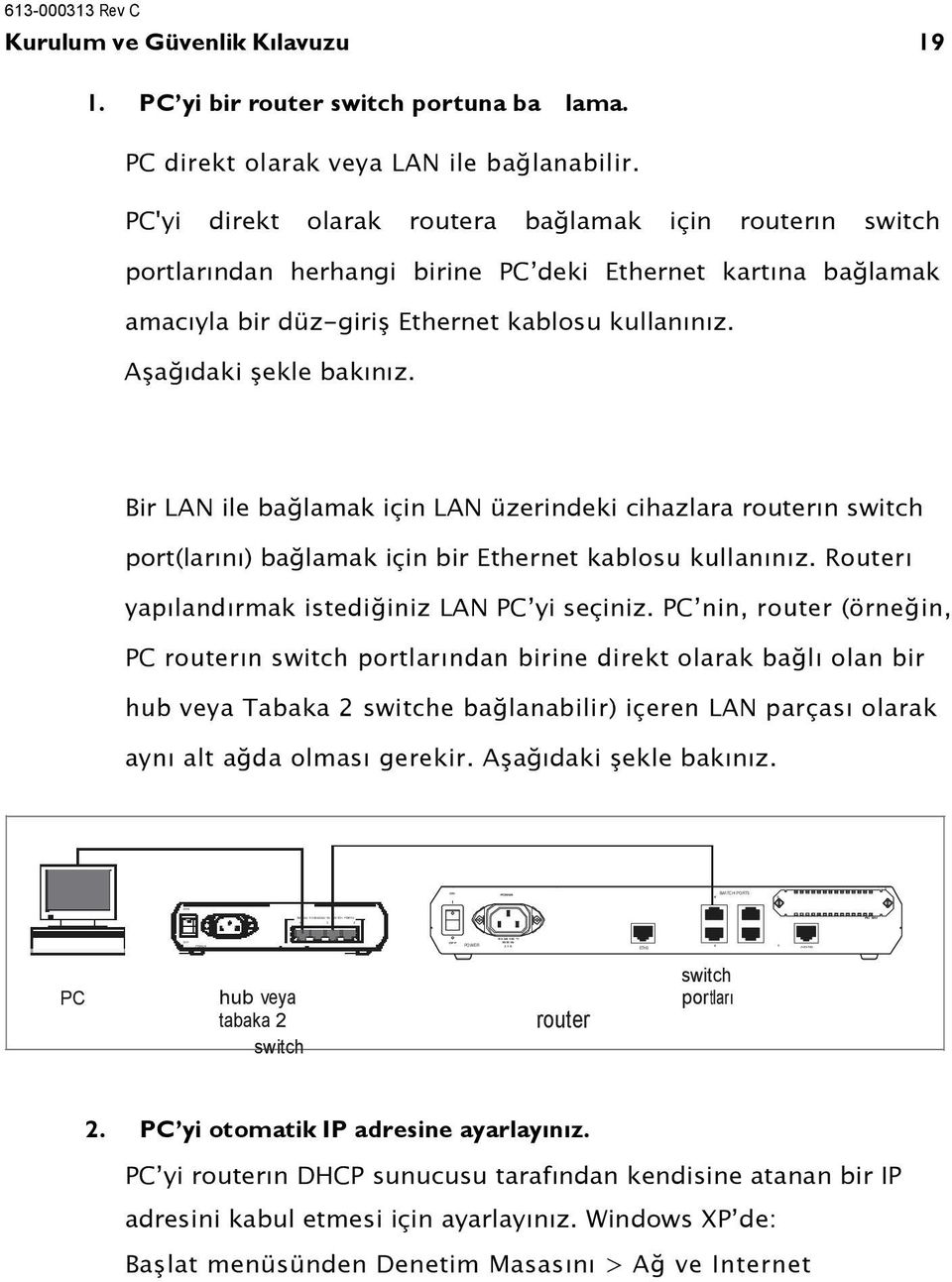 PC'yi direkt olarak routera bağlamak için routerın switch portlarından herhangi birine PC deki Ethernet kartına bağlamak amacıyla bir düz-giriş Ethernet kablosu kullanınız. Aşağıdaki şekle bakınız.