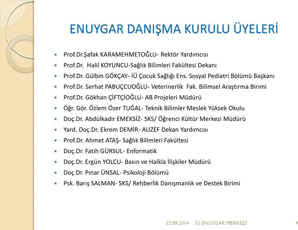 Özlem Özer TUĞAL- Teknik Bilimler Meslek Yüksek Okulu Doç.Dr. Abdülkadir EMEKSİZ- SKS/ Öğrenci Kültür Merkezi Müdürü Yard. Doç.Dr. Ekrem DEMİR- AUZEF Dekan Yardımcısı Prof.Dr. Ahmet ATAŞ- Sağlık Bilimleri Fakültesi Doç.