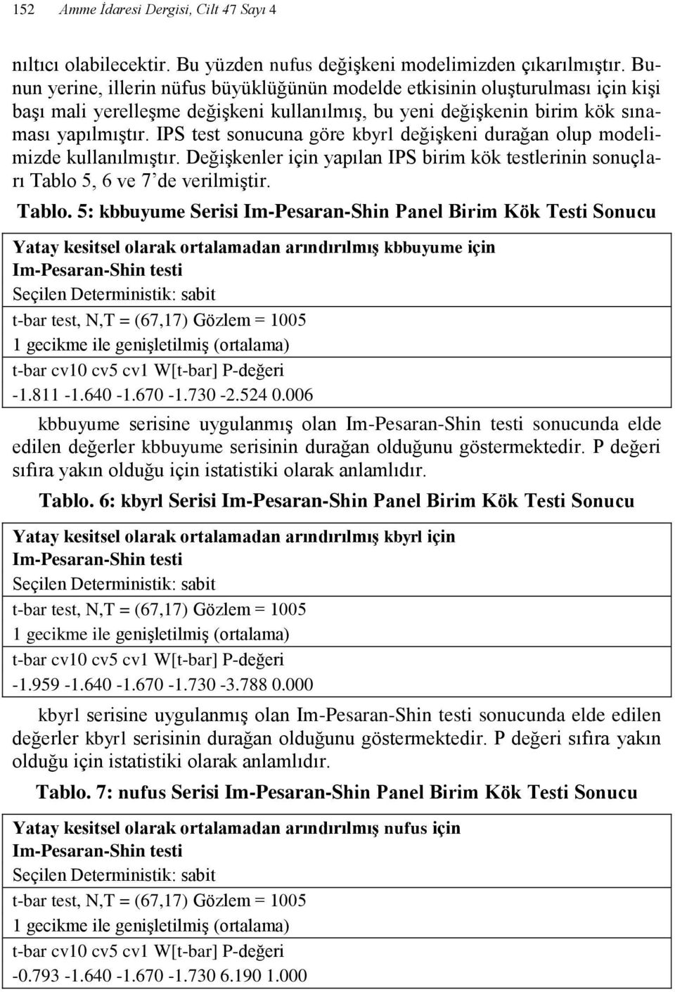 IPS test sonucuna göre kbyrl değişkeni durağan olup modelimizde kullanılmıştır. Değişkenler için yapılan IPS birim kök testlerinin sonuçları Tablo 