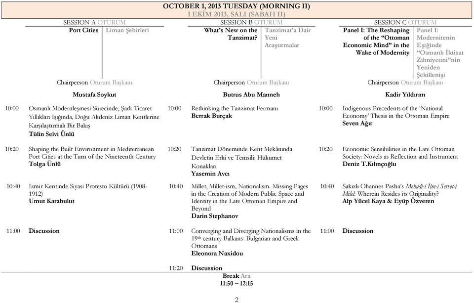 Chairperson Oturum Başkanı Chairperson Oturum Başkanı Chairperson Oturum Başkanı Mustafa Soykut Butrus Abu Manneh Kadir Yıldırım 10:00 Osmanlı Modernleşmesi Sürecinde, Şark Ticaret Yıllıkları