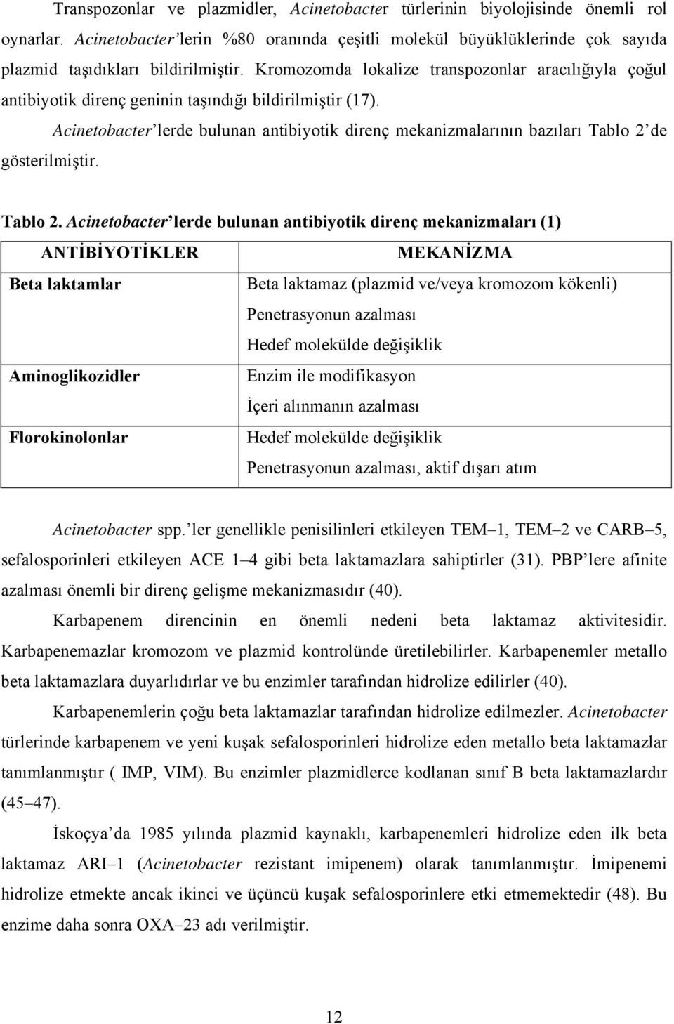 Acinetobacter lerde bulunan antibiyotik direnç mekanizmalarının bazıları Tablo 2 