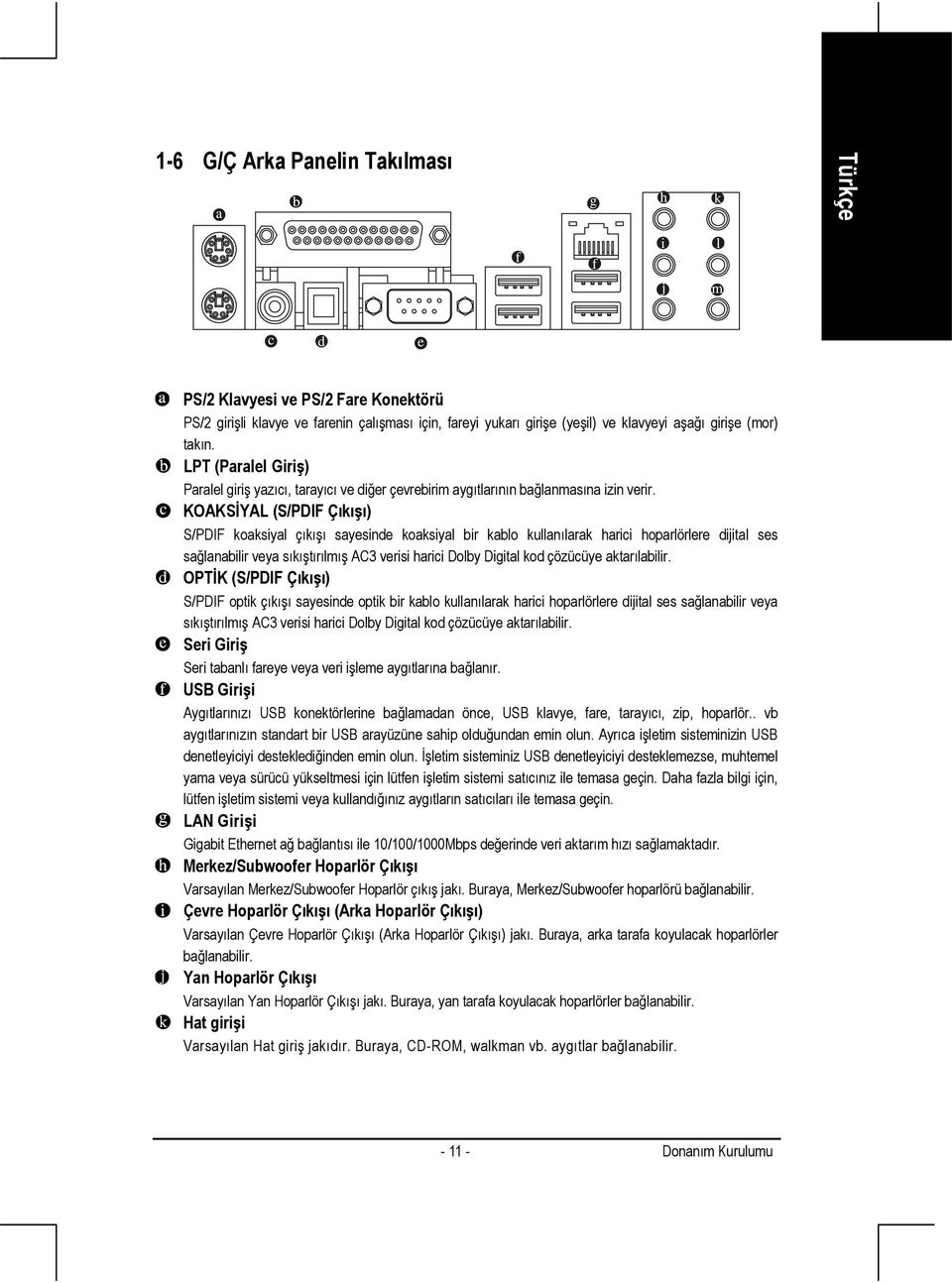 KOAKSİYAL (S/PDIF Çıkışı) S/PDIF koaksiyal çıkışı sayesinde koaksiyal bir kablo kullanılarak harici hoparlörlere dijital ses sağlanabilir veya sıkıştırılmış AC3 verisi harici Dolby Digital kod