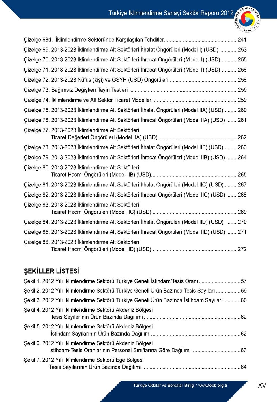 2013-2023 Nüfus (kişi) ve GSYH (USD) Öngörüleri...258 Çizelge 73. Bağımsız Değişken Tayin Testleri...259 Çizelge 74. İklimlendirme ve Alt Sektör Ticaret Modelleri...259 Çizelge 75.