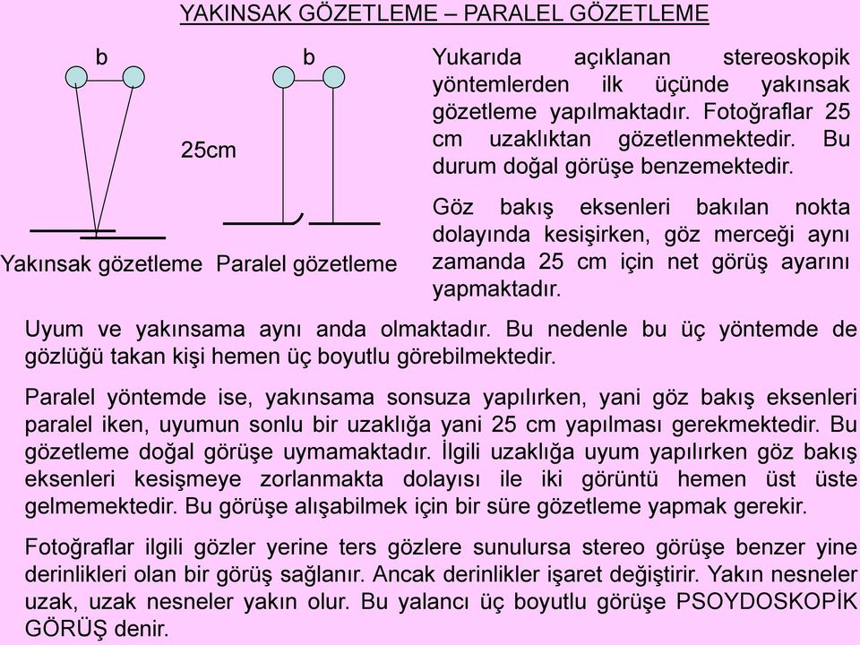 Uyum ve yakınsama aynı anda olmaktadır. Bu nedenle bu üç yöntemde de gözlüğü takan kişi hemen üç boyutlu görebilmektedir.