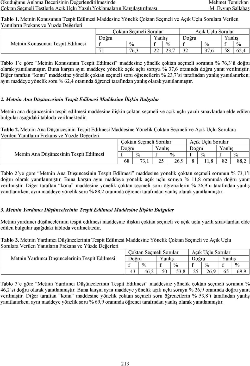 Edilmesi f % f % f % f % 71 76,3 22 23,7 32 37,6 58 62,4 Tablo 1 e göre Metnin Konusunun Tespit Edilmesi maddesine yönelik çoktan seçmeli sorunun % 76,3 ü doğru olarak yanıtlanmıştır.