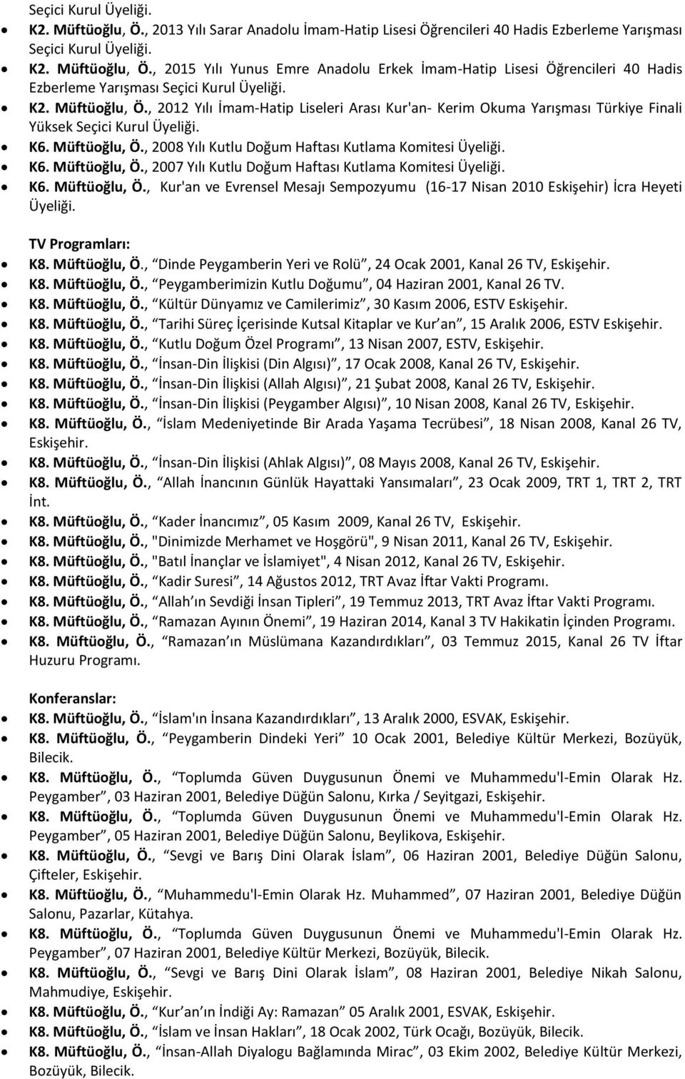 K6. Müftüoğlu, Ö., 2007 Yılı Kutlu Doğum Haftası Kutlama Komitesi Üyeliği. K6. Müftüoğlu, Ö., Kur'an ve Evrensel Mesajı Sempozyumu (16-17 Nisan 2010 Eskişehir) İcra Heyeti Üyeliği. TV Programları: K8.