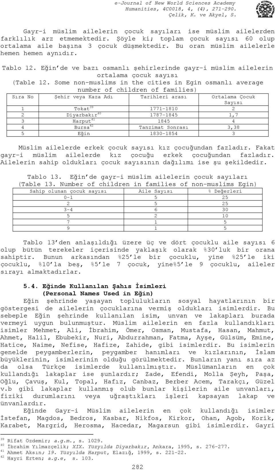 Some non-muslims in the cities in Egin osmanlı average number of children of families) Sıra No Şehir veya Kaza Adı Tarihleri arası Ortalama Çocuk Sayısı 1 Tokat 39 1771-1810 2 2 Diyarbakır 40