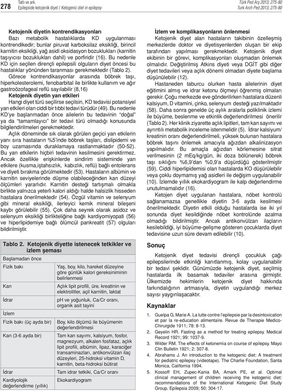 Bu nedenle KD için seçilen dirençli epilepsili olguların diyet öncesi bu hastalıklar yönünden taranması gerekmektedir (Tablo 2).