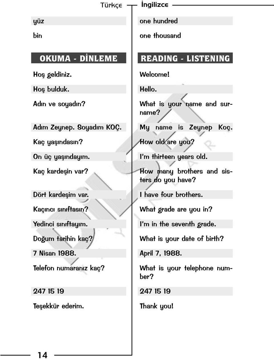 READING - LISTENING Welcome! Hello. What is your name and surname? My name is Zeynep Koç. How old are you? I m thirteen years old.