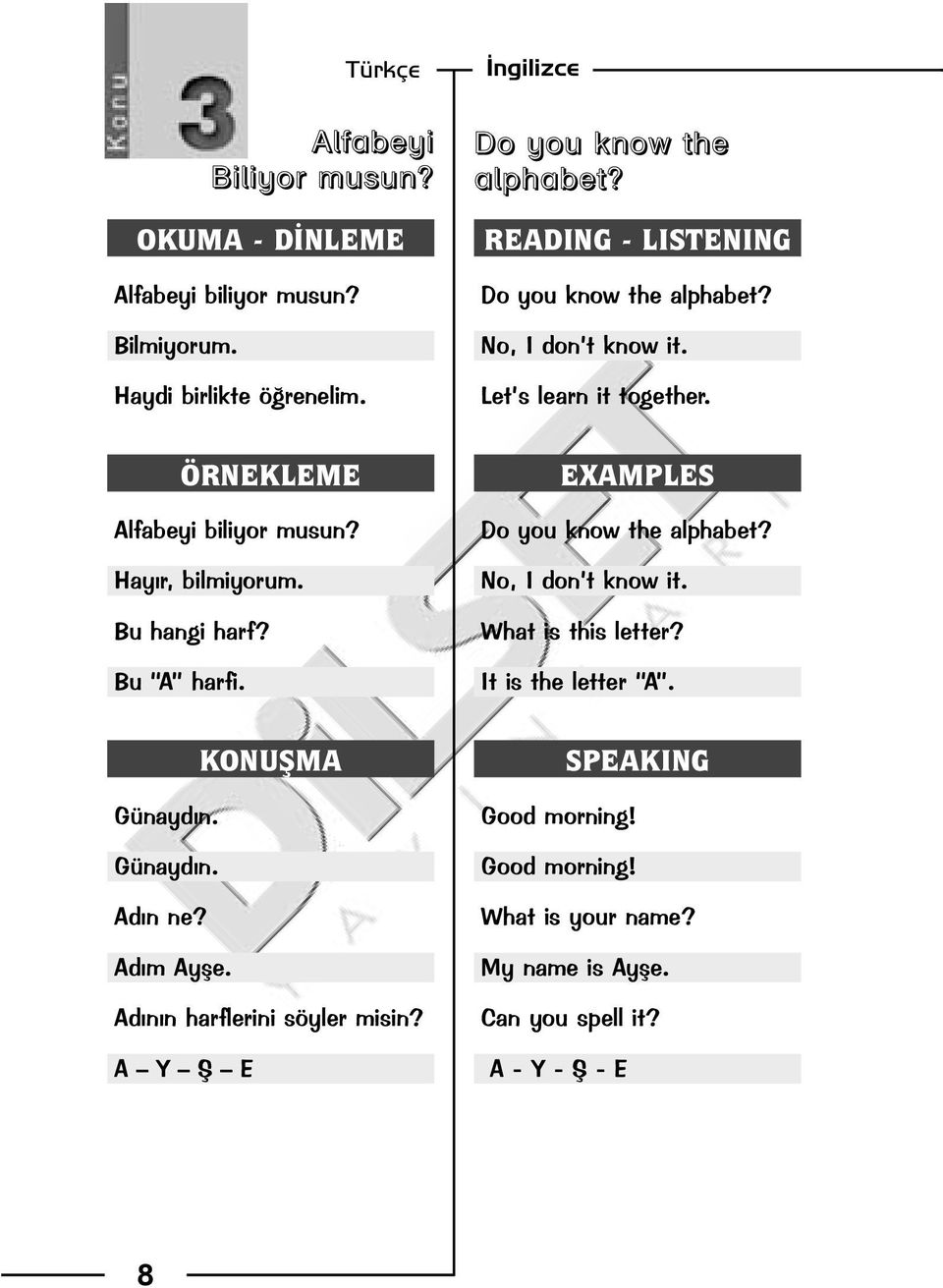 Bu hangi harf? Bu A harfi. EXAMPLES Do you know the alphabet? No, I don t know it. What is this letter? It is the letter A. KONUÞMA Günaydýn.