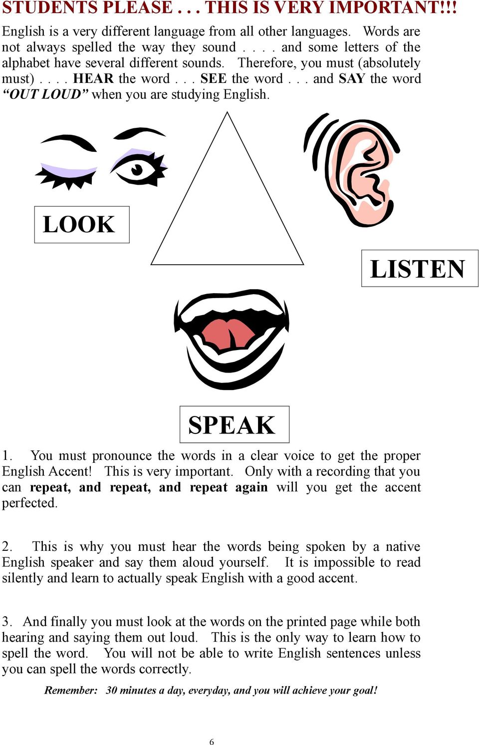 LOOK LISTEN SPEAK 1. You must pronounce the words in a clear voice to get the proper English Accent! This is very important.