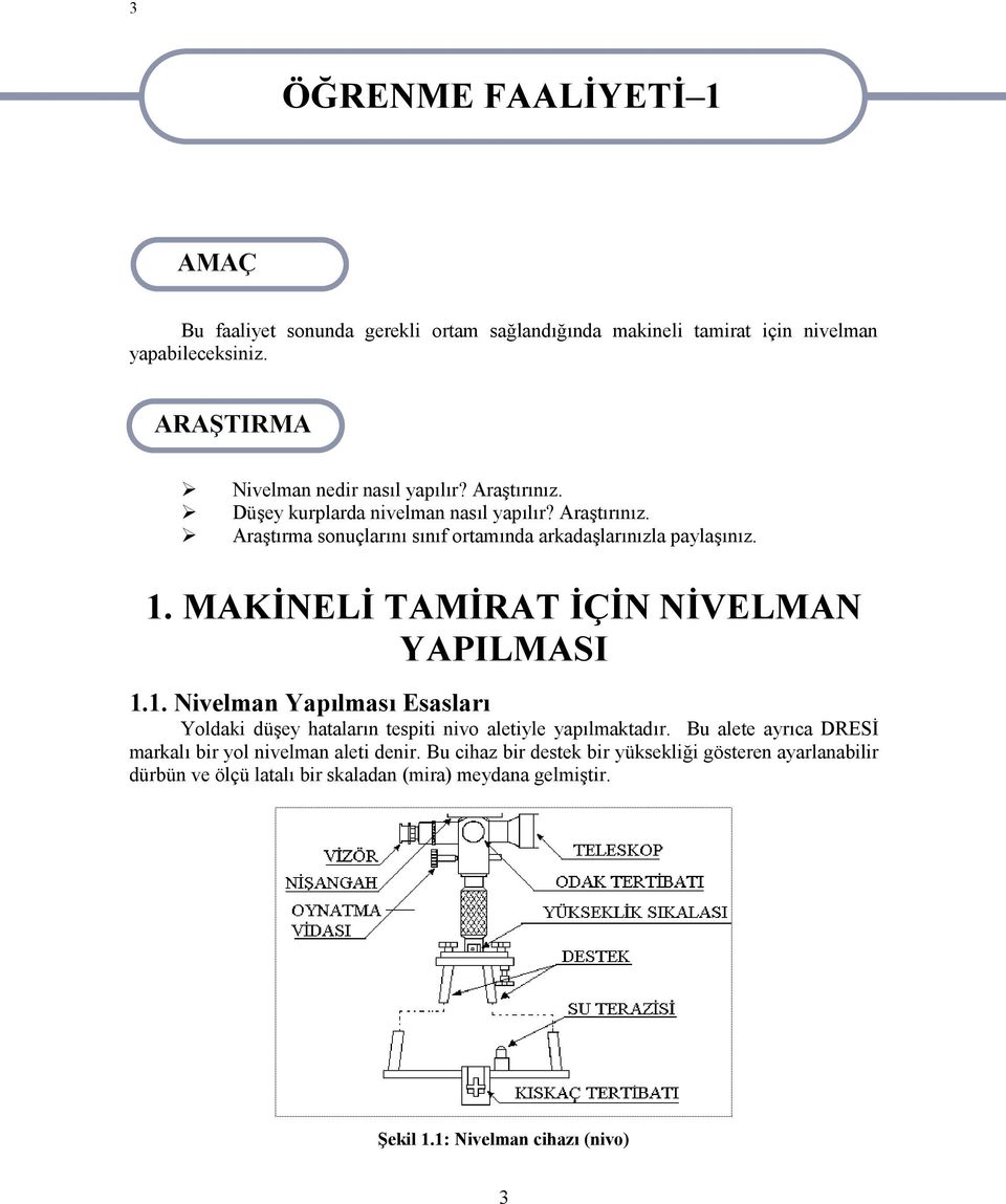 1. MAKİNELİ TAMİRAT İÇİN NİVELMAN YAPILMASI 1.1. Nivelman Yapılması Esasları Yoldaki düşey hataların tespiti nivo aletiyle yapılmaktadır.