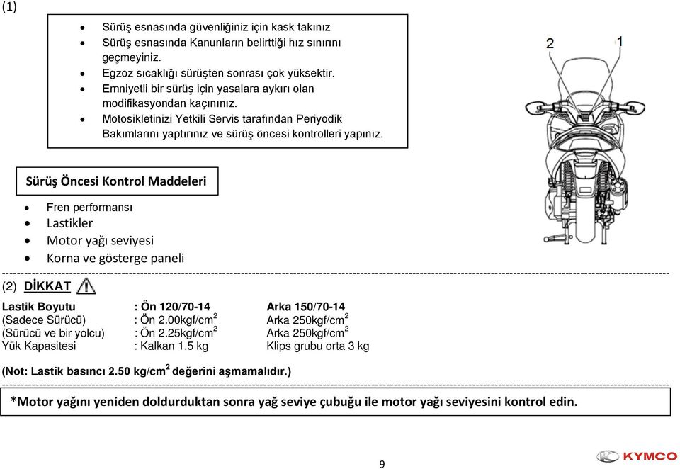 Sürüş Öncesi Kontrol Maddeleri Fren performansı Lastikler Motor yağı seviyesi Korna ve gösterge paneli (2) DİKKAT Lastik Boyutu : Ön 120/70-14 Arka 150/70-14 (Sadece Sürücü) : Ön 2.