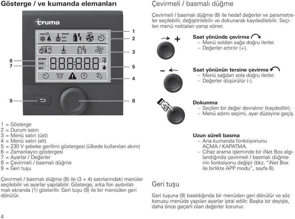 Değerler düşürülür (-). 9 8 Dokunma Seçilen bir değer devralınır (kaydedilir). Menü adımı seçimi, ayar düzeyine geçiş.