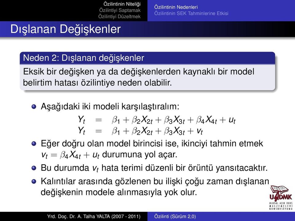 Aşağıdaki iki modeli karşılaştıralım: Y t = β 1 + β 2 X 2t + β 3 X 3t + β 4 X 4t + u t Y t = β 1 + β 2 X 2t + β 3 X 3t + v t Eğer doğru olan model