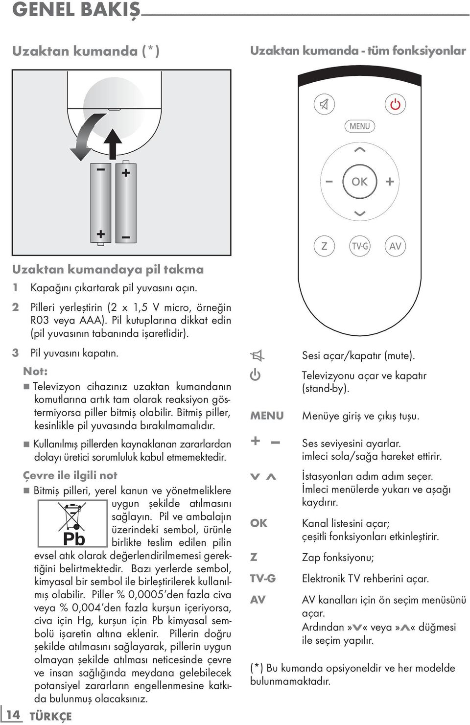 3 Pil yuvasını kapatın. 7 Televizyon cihazınız uzaktan kumandanın komutlarına artık tam olarak reaksiyon göstermiyorsa piller bitmiş olabilir. Bitmiş piller, kesinlikle pil yuvasında bırakılmamalıdır.