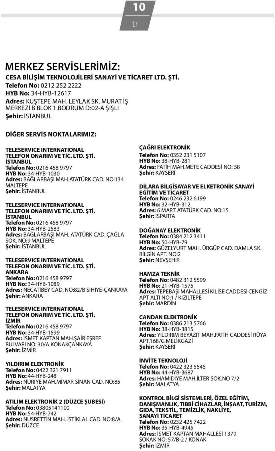 ATATÜRK CAD. NO:134 MALTEPE Şehir: İSTANBUL TELESERVICE INTERNATIONAL TELEFON ONARIM VE TİC. LTD. ŞTİ. İSTANBUL Telefon No: 0216 458 9797 HYB No: 34-HYB-2583 Adres: BAĞLARBAŞI MAH. ATATÜRK CAD.