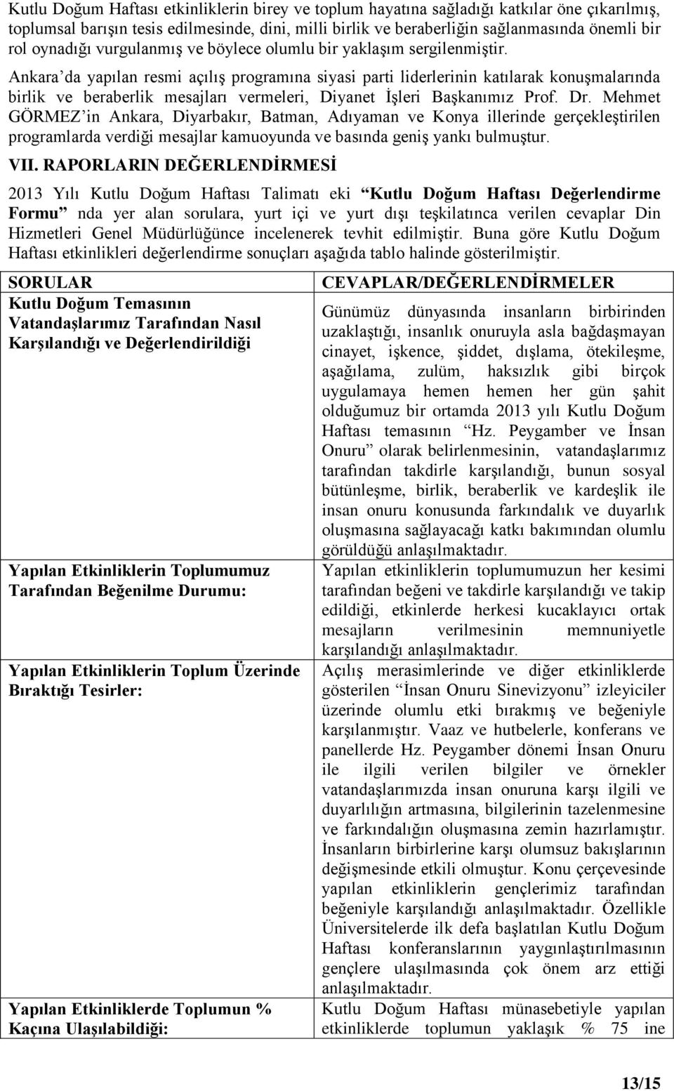 Ankara da yapılan resmi açılış programına siyasi parti liderlerinin katılarak konuşmalarında birlik ve beraberlik mesajları vermeleri, Diyanet İşleri Başkanımız Prof. Dr.