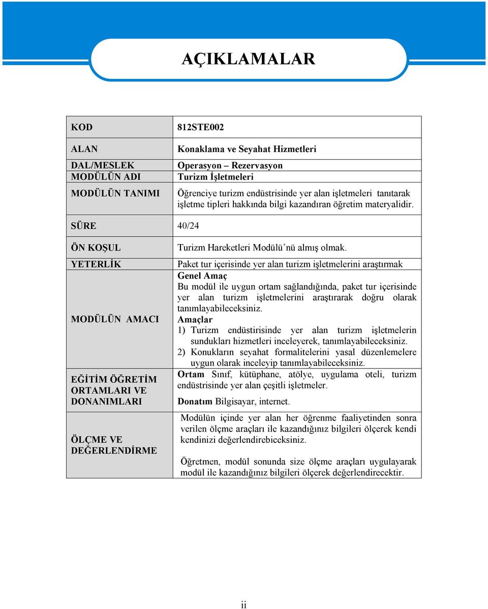 SÜRE 40/24 ÖN KOŞUL YETERLİK MODÜLÜN AMACI EĞİTİM ÖĞRETİM ORTAMLARI VE DONANIMLARI ÖLÇME VE DEĞERLENDİRME Turizm Hareketleri Modülü nü almış olmak.