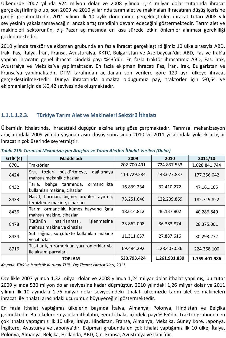 Tarım alet ve makineleri sektörünün, dış Pazar açılmasında en kısa sürede etkin önlemler alınması gerekliliği gözlenmektedir.