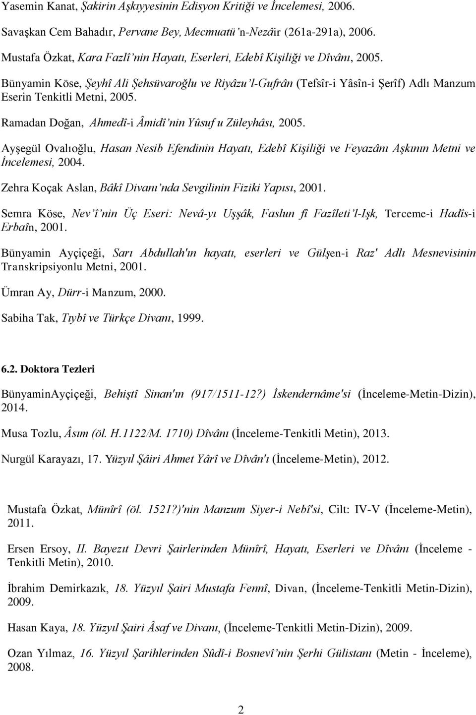 Bünyamin Köse, Şeyhî Ali Şehsüvaroğlu ve Riyâzu l-gufrân (Tefsîr-i Yâsîn-i Şerîf) Adlı Manzum Eserin Tenkitli Metni, 2005. 12. Ramadan Doğan, Ahmedî-i Âmidî nin Yûsuf u Züleyhâsı, 2005. 13.