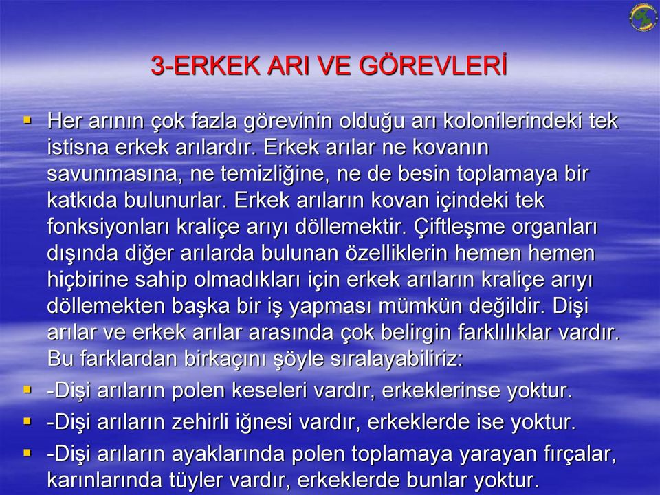 Çiftleşme organları dışında diğer arılarda bulunan özelliklerin hemen hemen hiçbirine sahip olmadıkları için erkek arıların kraliçe arıyı döllemekten başka bir iş yapması mümkün değildir.