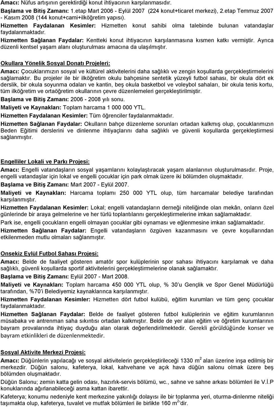 Hizmetten Sağlanan Faydalar: Kentteki konut ihtiyacının karşılanmasına kısmen katkı vermiştir. Ayrıca düzenli kentsel yaşam alanı oluşturulması amacına da ulaşılmıştır.