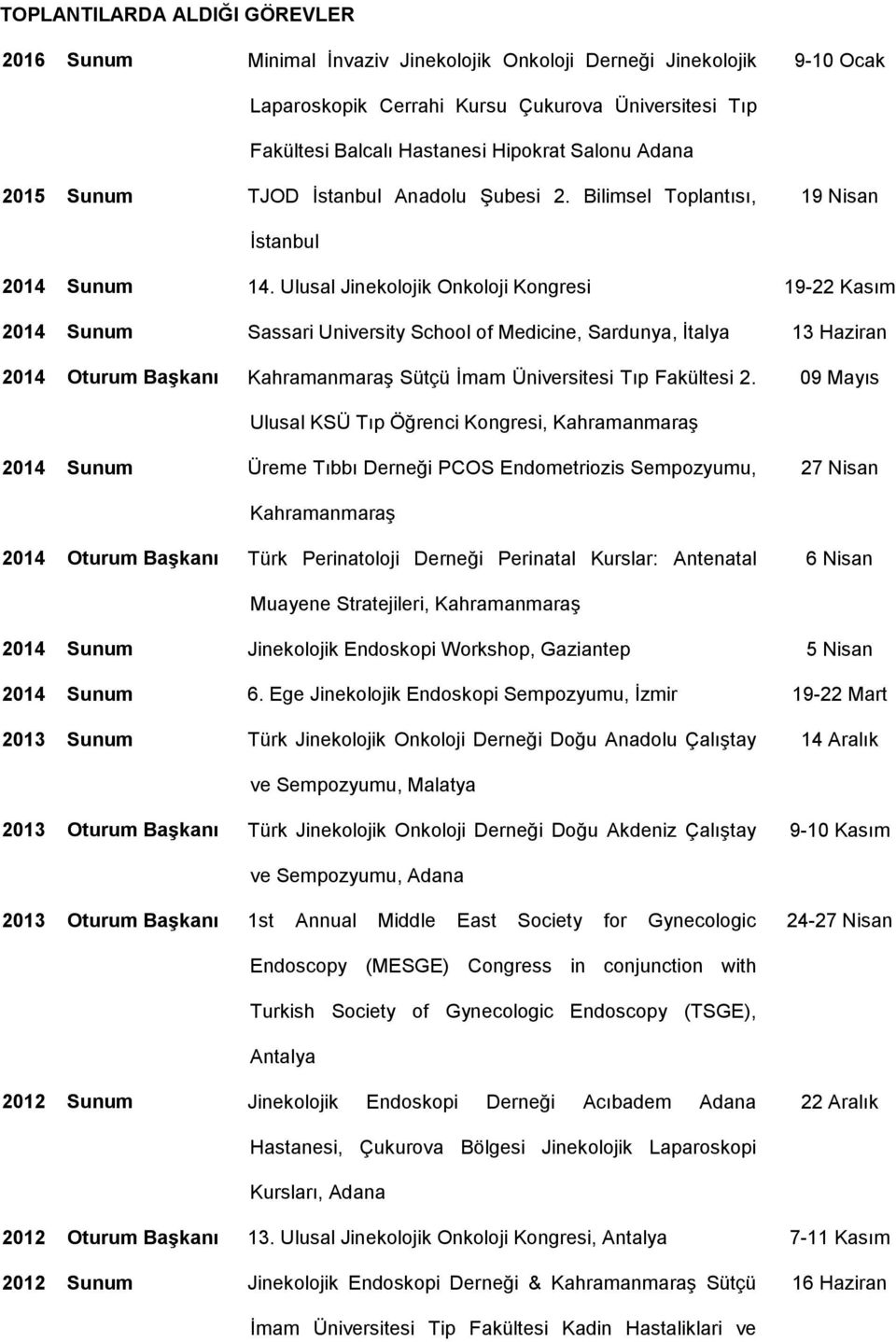 Ulusal Jinekolojik Onkoloji Kongresi 19-22 Kasım 2014 Sunum Sassari University School of Medicine, Sardunya, İtalya 13 Haziran 2014 Oturum Başkanı Kahramanmaraş Sütçü İmam Üniversitesi Tıp Fakültesi