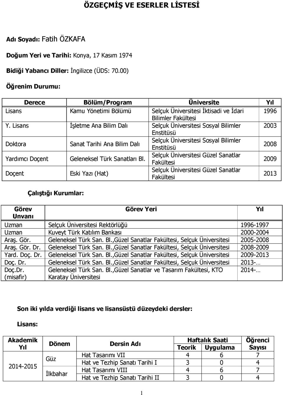 Lisans İşletme Ana Bilim Dalı Selçuk Üniversitesi Sosyal Bilimler 2003 Enstitüsü Doktora Sanat Tarihi Ana Bilim Dalı Selçuk Üniversitesi Sosyal Bilimler Enstitüsü 2008 Yardımcı Doçent Geleneksel Türk