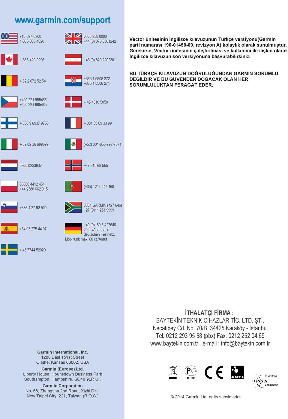 190-01450-00, revizyon A) kolaylık olarak sunulmuştur. Gerekirse, Vector ünitesinin çalıştırılması ve kullanımı ile ilişkin olarak İngilizce kılavuzun son versiyonuna başvurabilirsiniz.